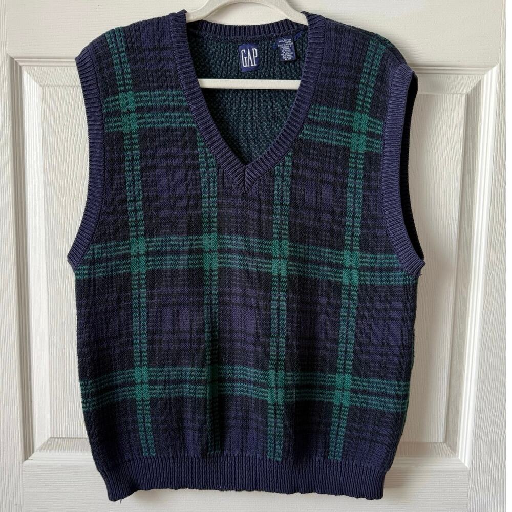Vintage GAP Blue Green Plaid Sweater Vest 90s Cotton Blend Mens Sz Large Preppy